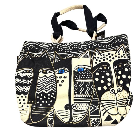 Laurel Burch Sun 'N Sand Extra Large Canvas Tote Top Zipped | Book Tote Bag Cats - Picture 2 of 15